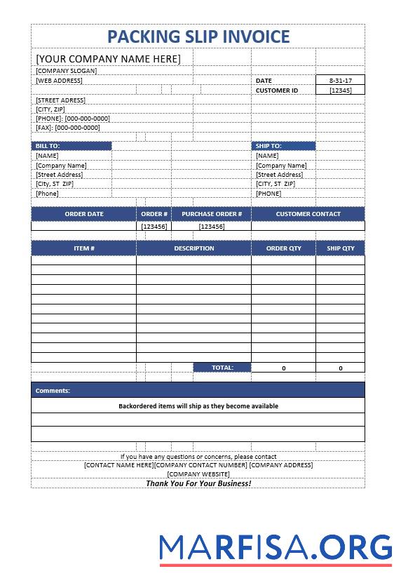 Blank Packaging Slip Invoice Template